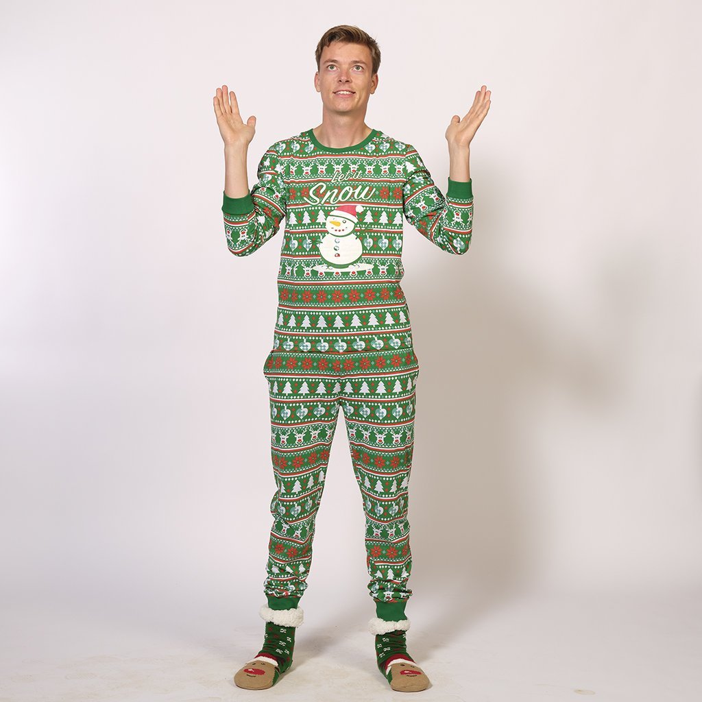 Grüner Weihnachtspyjama Herren mit Schneemann und festlichem Muster, weihnachtspullover herren Design.